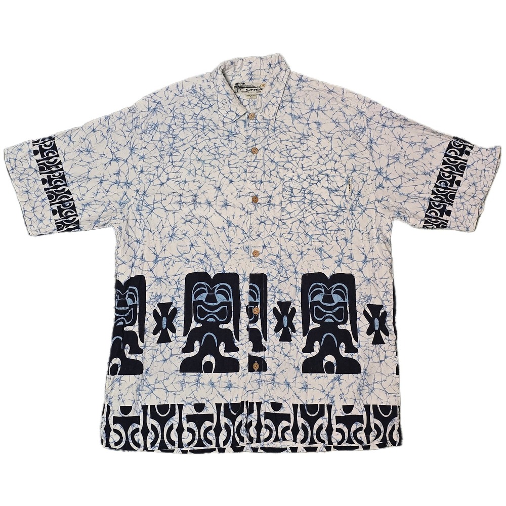 O'Neill Button Down Shirt Mens MD Blue White Tiki Batik Short Sleeve Surf (U)